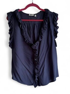 Dylan Navy Blue Ruffle Front Sleeveless Button Down Shirt Size XS